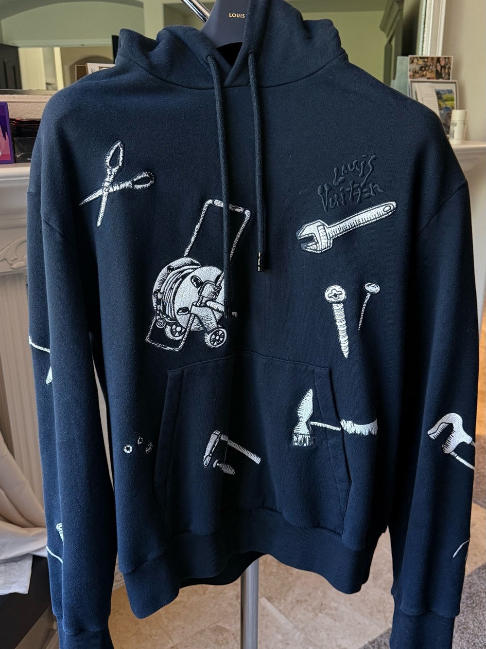 Louis Vuitton Black Crewneck Hoodie with White Tool Graphics and short set